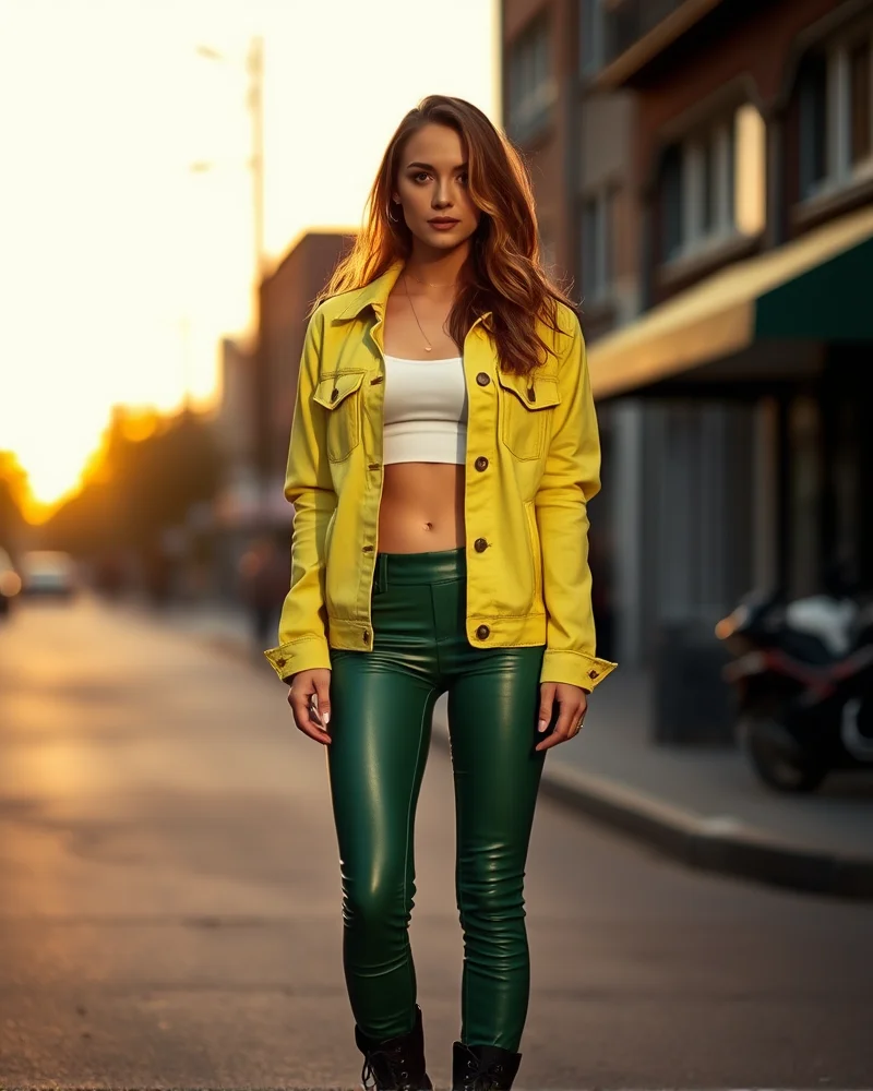 7 Viral Yoshi Costume Outfit Ideas for High-Fashion Street Style 8 A woman in an edgy outfit featuring a lime green denim jacket and emerald leather leggings, combining street style with gaming colors.