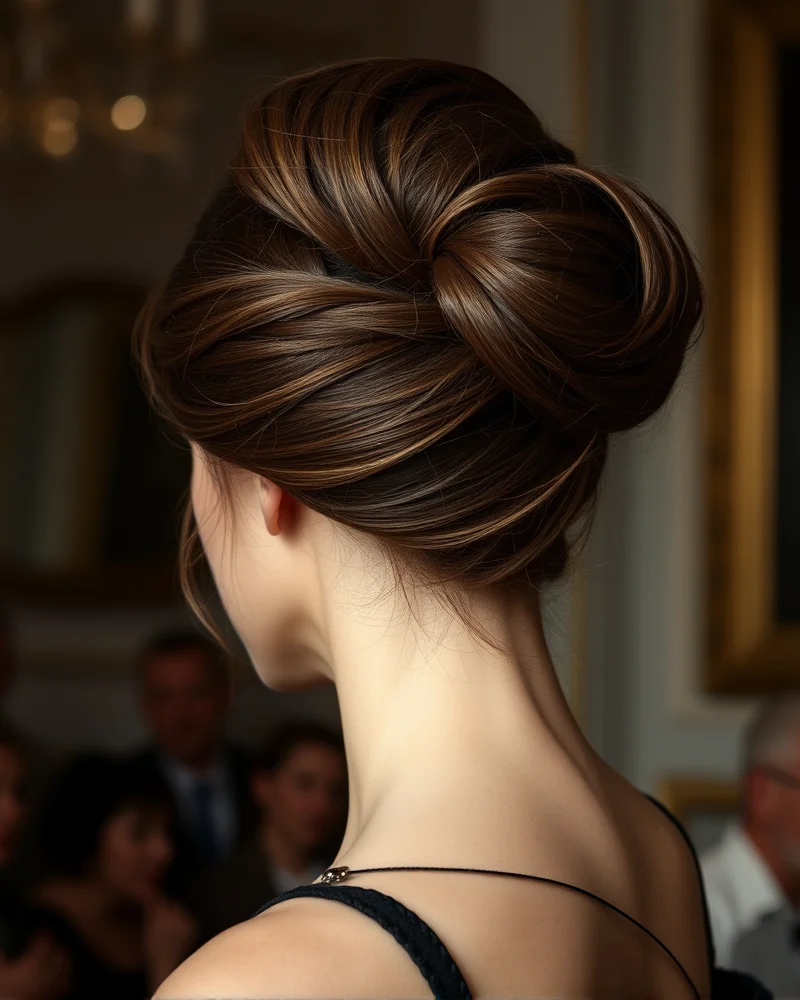 7 Viral Reasons Why Mushroom Brown Hair Is The Ultimate Fall Upgrade 8 A woman with her mushroom brown hair styled in a chic, elegant updo, showing off the cool tones and highlights of the style.
