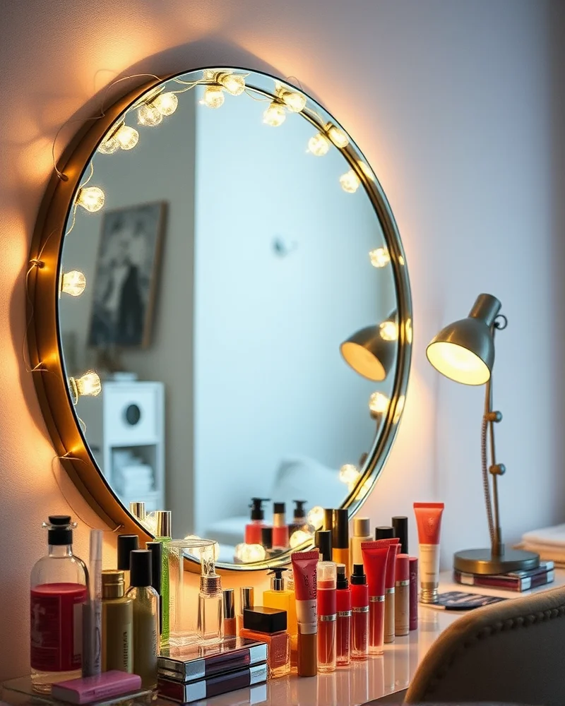 A beautifully styled vanity area featuring a mirror rimmed with fairy lights and organized beauty products, capturing the essence of a 2000s teen's getting-ready space.