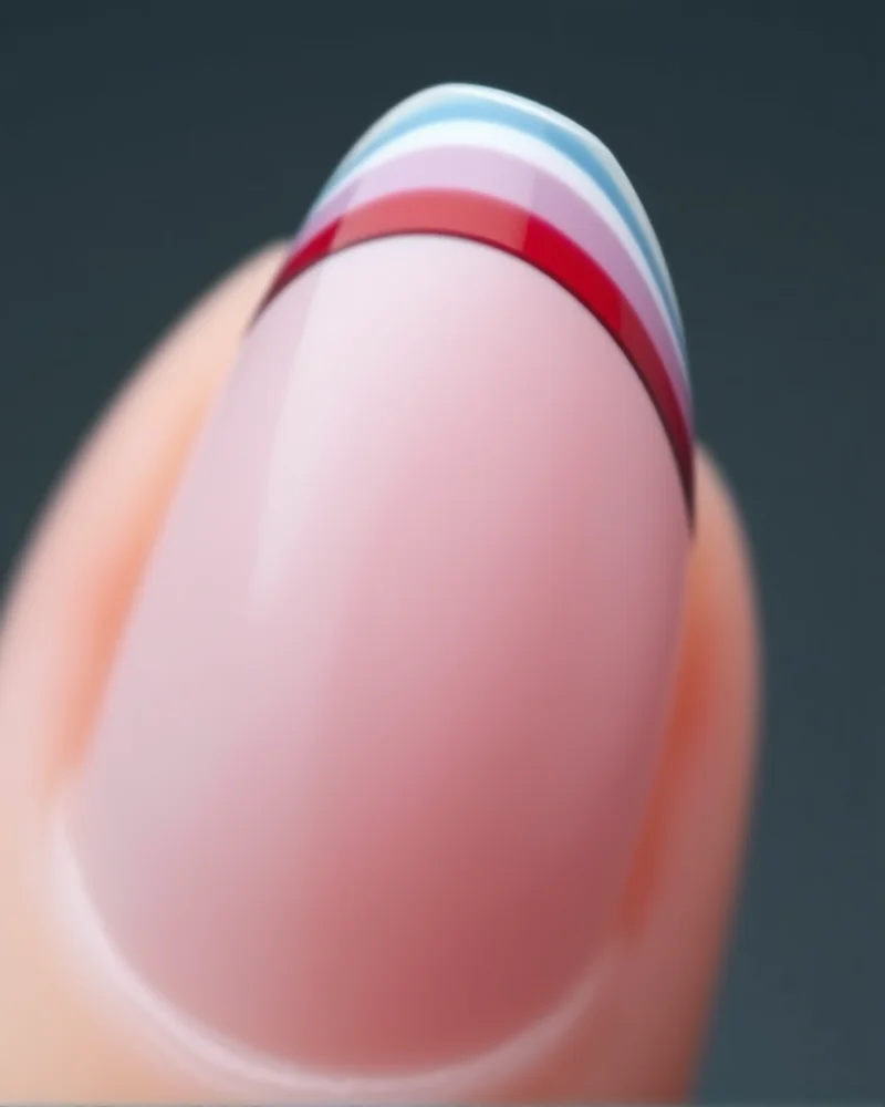 7 Viral 4th of July Nails French Tip Designs You Need to Try 8 Long almond-shaped nails featuring a modern, layered French tip with three distinct red, white, and blue lines.