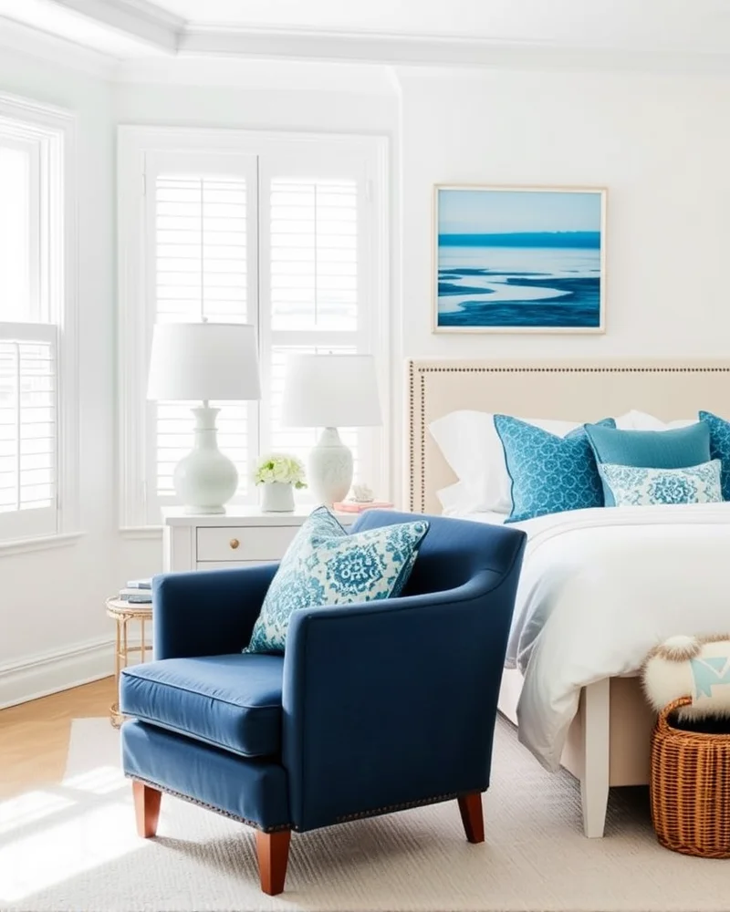 7 Dreamy Ways to Transform Your Bedroom into a Coastal Sanctuary 8 A bedroom decorated with beautiful navy and sky blue accents against a bright white backdrop.