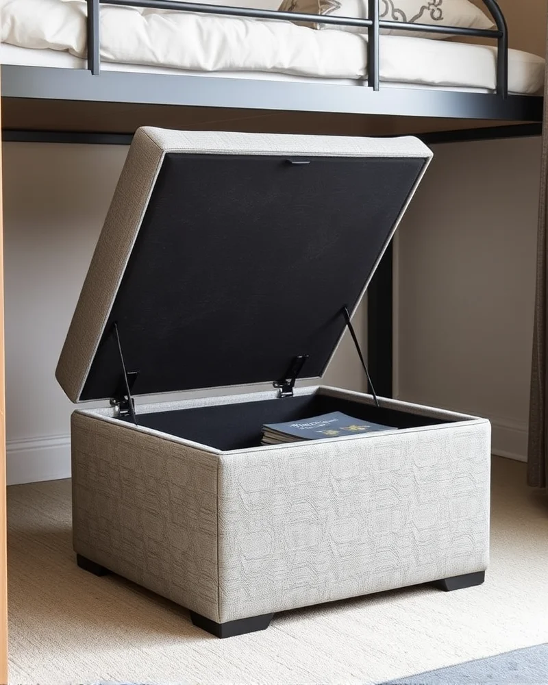 A stylish, compact ottoman that provides hidden storage space in a modern dorm room setting.