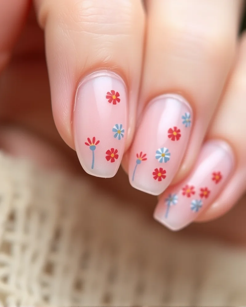 7 Viral 4th of July Nails Simple Ideas That Look Expensive 8 Delicate almond-shaped nails with a soft pink base and tiny red and blue painted daisy flowers.