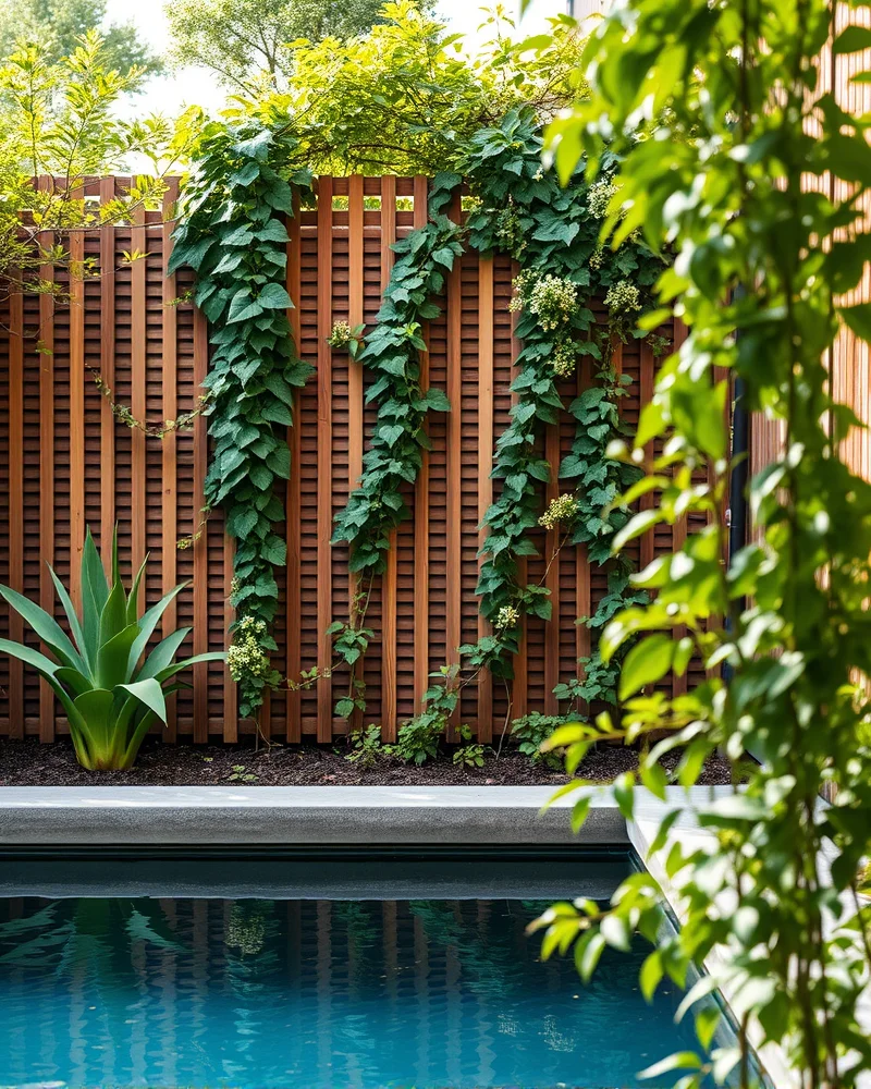 7 Viral Stock Tank Pool Ideas for a Luxe Backyard Oasis 8 A stock tank pool tucked against a modern slatted wood privacy wall, accented with blooming jasmine vines for a private, luxurious feel.