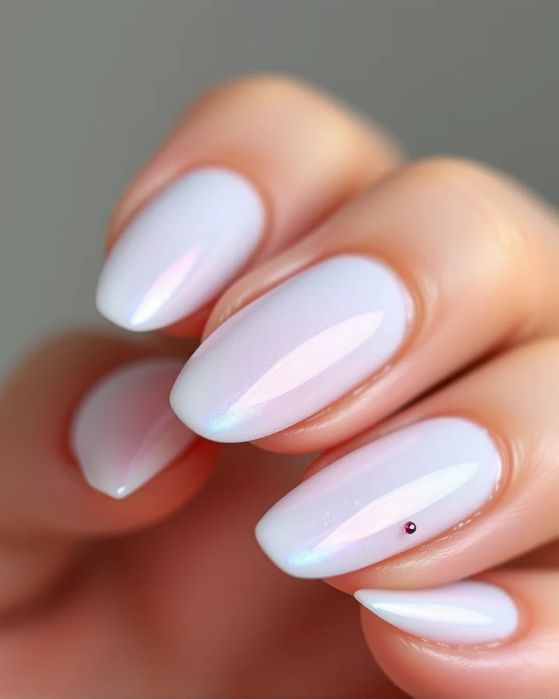 7 Viral Short Fourth of July Nails That Look Expensive 8 Short almond nails with a milky white glazed finish, featuring a single, delicate red gem at the base of the nail for a subtle festive touch.