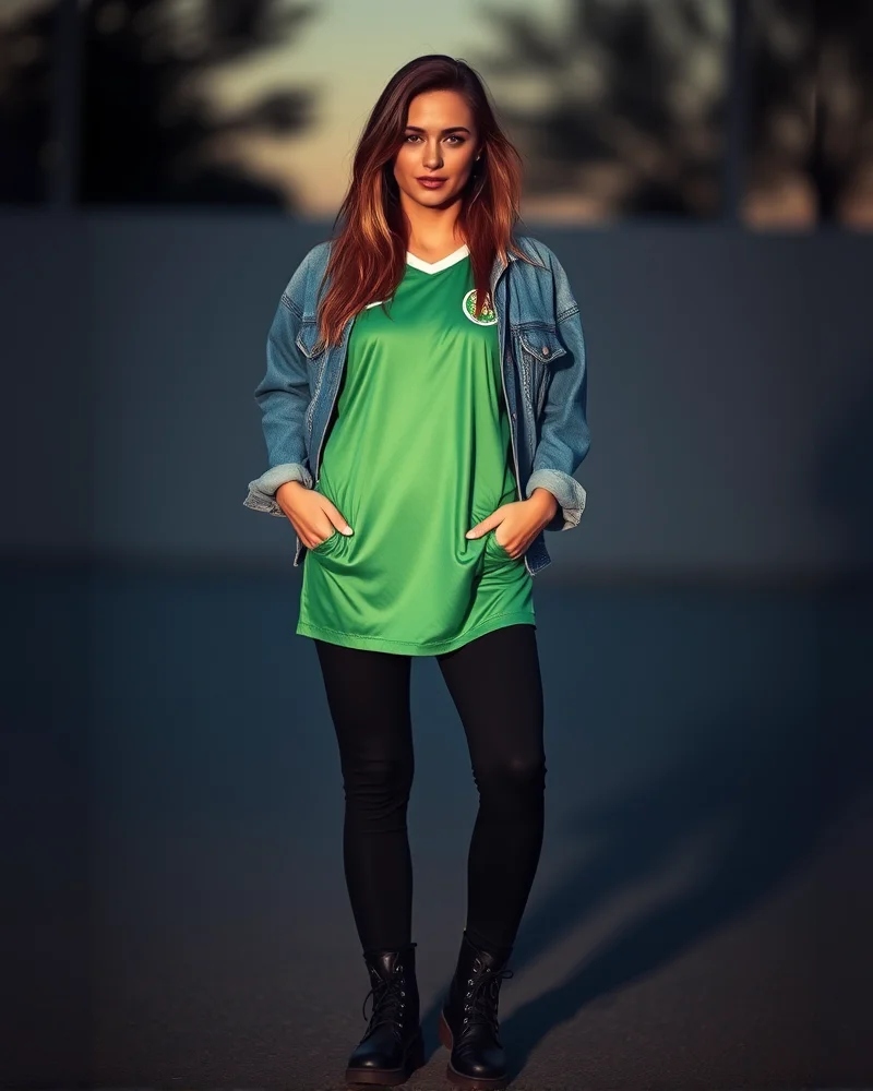 A woman dressed for a night game in a layered outfit featuring a green jersey, denim jacket, and combat boots.
