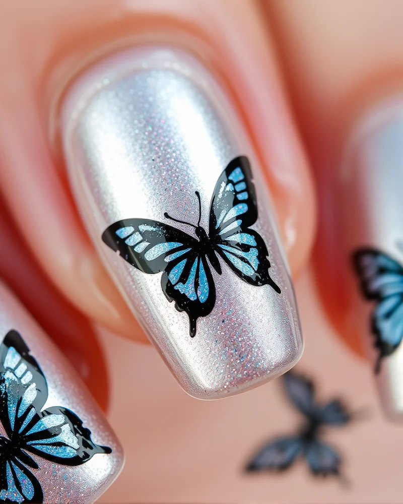 Almond-shaped nails with metallic silver bases and black butterfly wing designs.