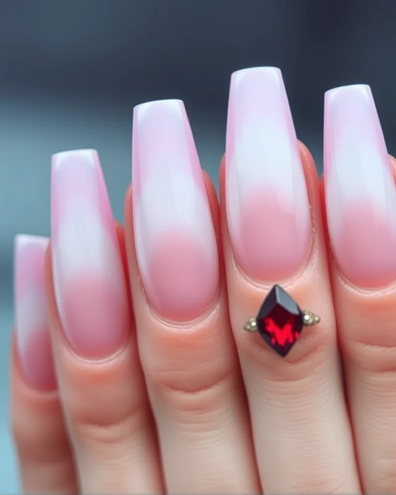 Close-up of coffin-shaped nails featuring an elegant ombré fade from pink to white, with subtle blue tips and a single red crystal.