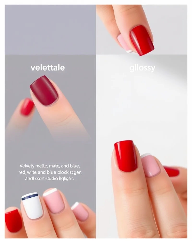 7 Chic Short 4th of July Nails Ideas to Elevate Your Holiday Look 8 A comparison grid showing matte-finish patriotic nails on the left and glossy-finish patriotic nails on the right.