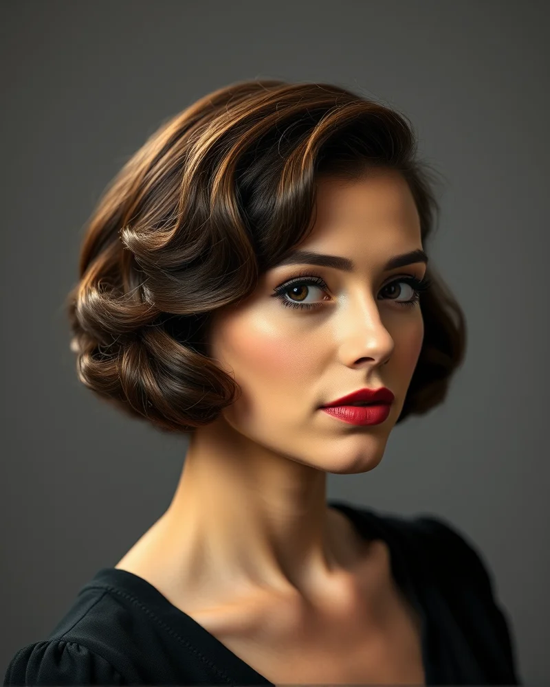 7 Fourth of July Hairstyles That Will Dominate Your Summer Feed 8 A close-up shot of a woman with a chic bob styled in vintage 1940s-style finger waves, showcasing a high-glamour look.