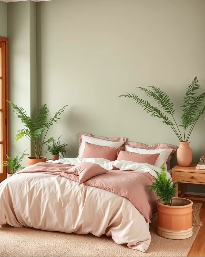 A bedroom decorated in an organic color palette of sage green, dusty rose, and cream, emphasizing natural materials and plants.