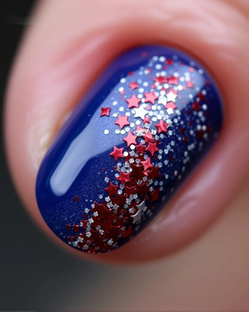 7 Stunning 4th of July Pedicure Ideas to Elevate Your Summer Style 8 A festive glitter gradient pedicure featuring red and silver star-shaped sequins over a deep blue base.