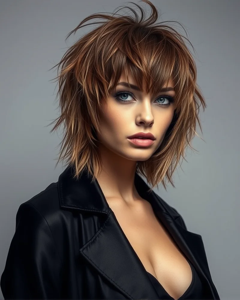 7 Viral 4th of July Hair Ideas That Will Own the Fireworks Show 8 Portrait of a woman with a trendy, textured shag haircut featuring a messy fringe, captured with high-fashion editorial lighting.