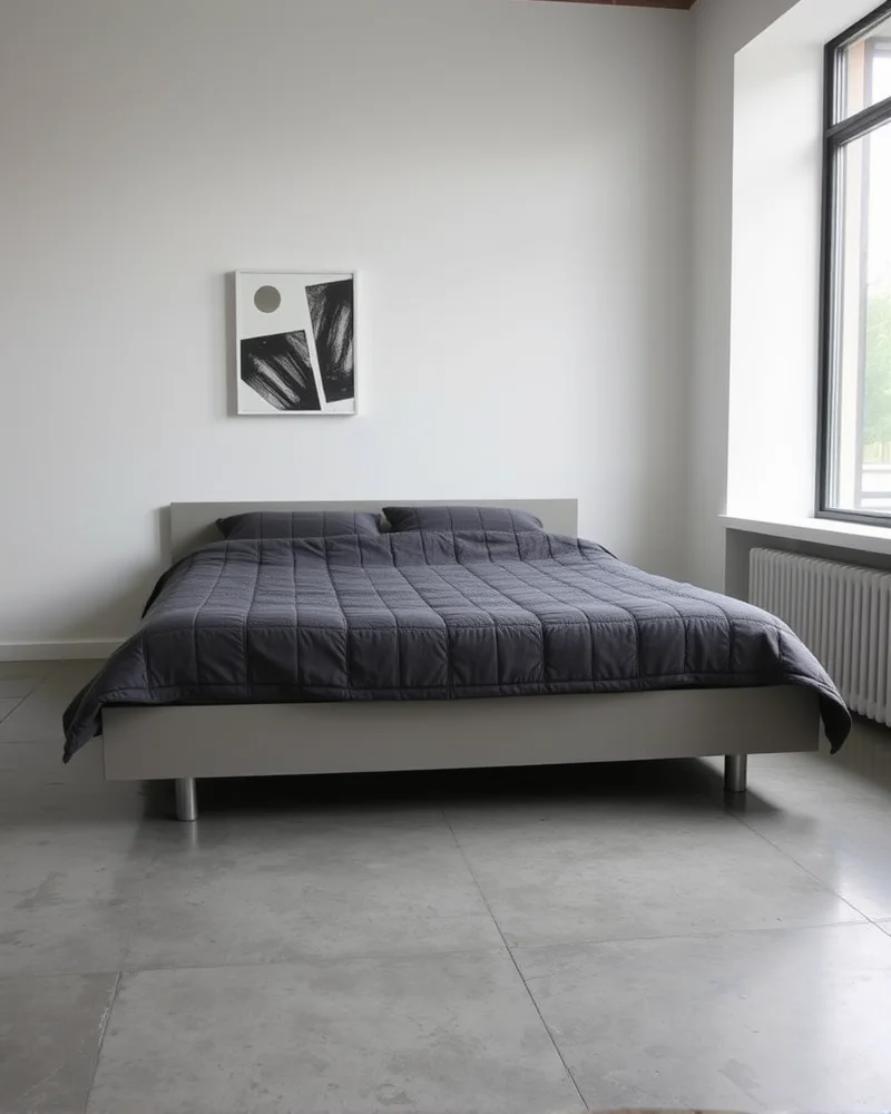 A minimalist bedroom featuring a charcoal quilted coverlet on a platform bed, highlighting clean lines and a simple, uncluttered aesthetic.