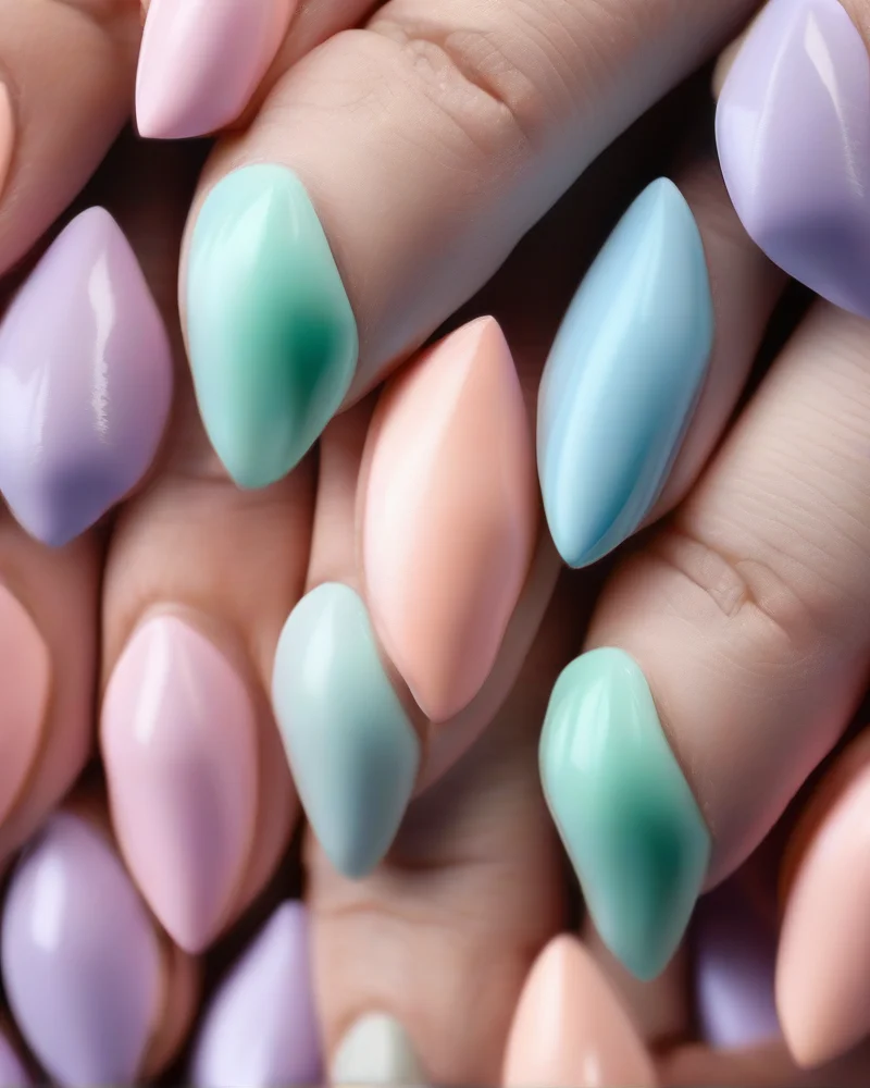 7 July Nails Ideas That Are Taking Over Your Feed This Summer 8 Almond-shaped nails, each a different pastel shade including lilac and mint, finished with a velvet matte top coat for a soft, tactile look.