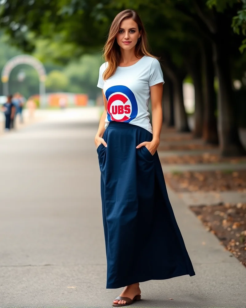 A woman wearing a stylish maxi skirt and graphic tee, demonstrating a more feminine and trendy alternative to standard game day jerseys.
