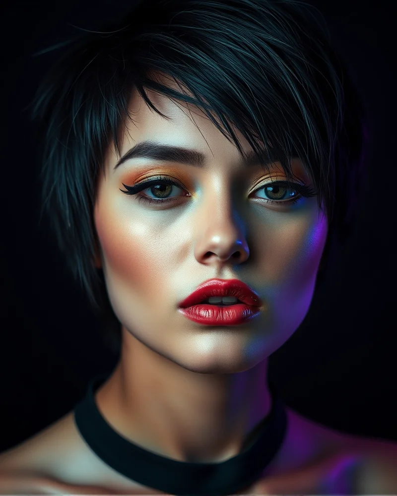 A woman with an edgy black shaggy wolf cut hairstyle and a sharp, graphic winged eyeliner makeup look.
