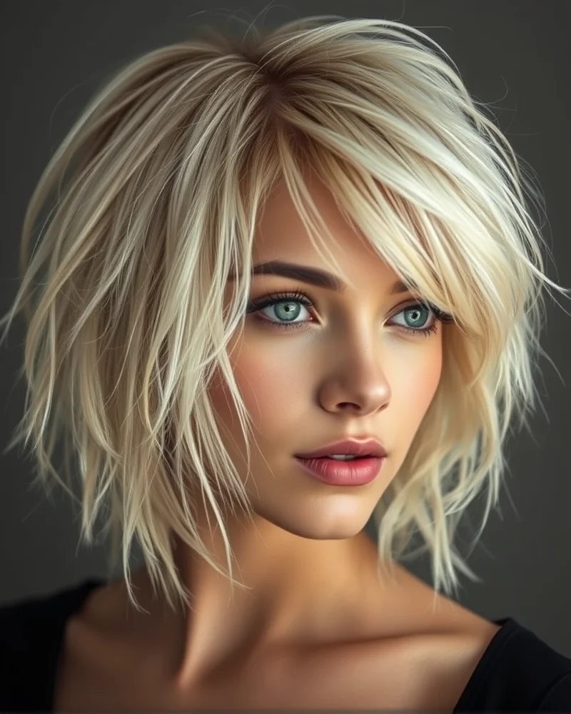 A woman with a shaggy, layered haircut dyed in platinum blonde, featuring lots of volume and textured waves.