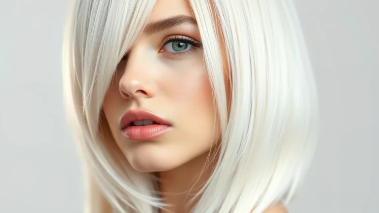 7 Platinum Blonde Hair Ideas That Will Change Your Entire Look 6 A close-up portrait of a woman featuring vibrant, icy platinum blonde hair styled in a sleek, glass-hair fashion under bright studio lights.