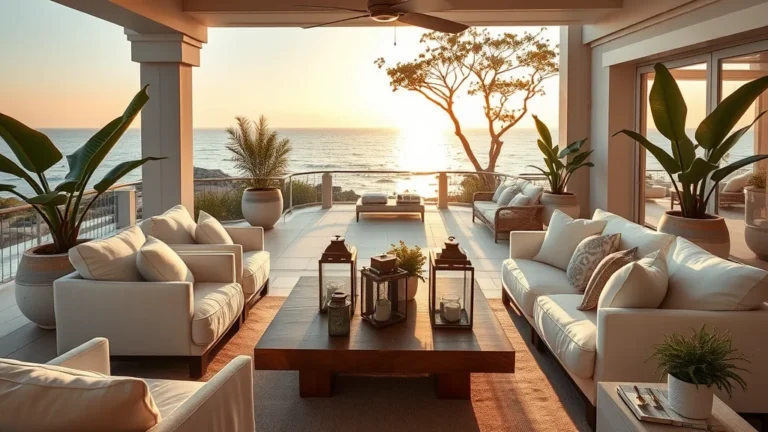 7 Viral Beach Hacks Kids Need for a Stress-Free Summer 10 A sophisticated outdoor lounge area featuring white linen chairs, natural teak wood furniture, and coastal potted plants under a warm golden hour glow.