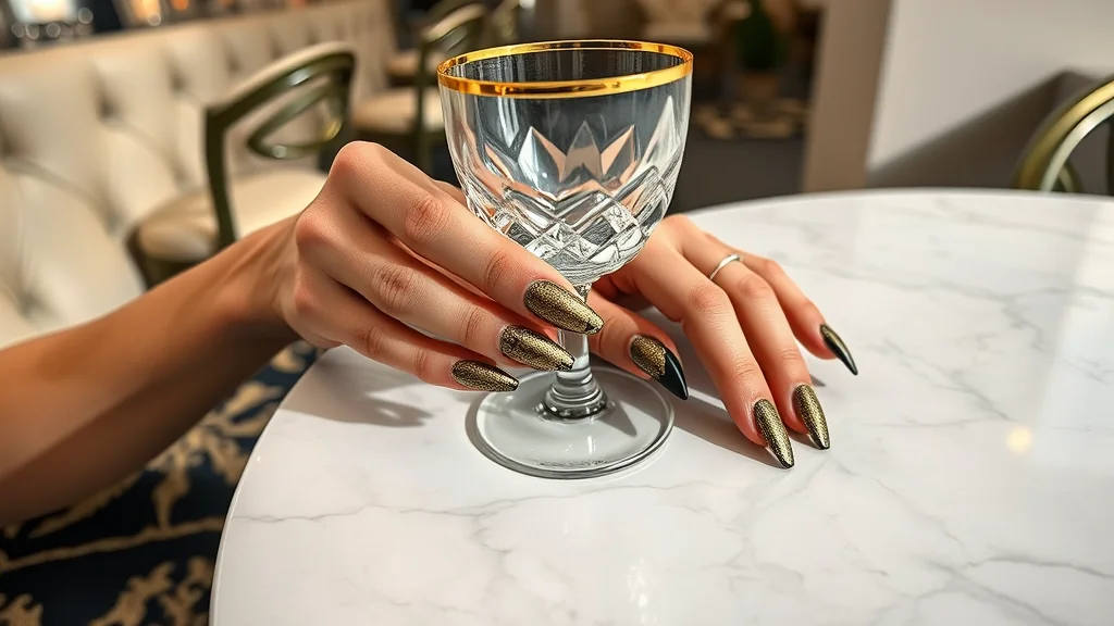 7 Sizzling Snake Nail Designs That Are Taking Over Your Feed 1 A woman's hands featuring intricate, high-fashion snake skin patterned nails resting on a marble surface near a cocktail glass, showcasing a luxury aesthetic.