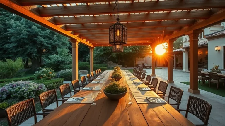 7 Viral Outdoor Dining Area Ideas to Elevate Your Backyard Oasis 9 A luxurious, wide-angle view of a garden patio featuring a long wooden dining table set for an evening meal, surrounded by warm string lights and lush greenery.