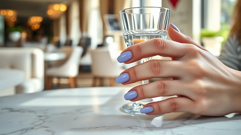 A close-up view of short, almond-shaped nails in a soft lavender pastel hue with delicate gold chrome edges, held in a hand over a luxury marble surface.