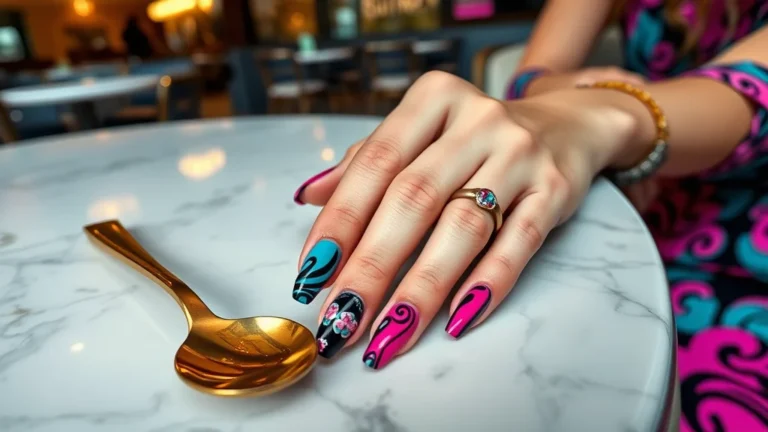 Close-up of a woman's manicured hands resting on marble, showcasing intricate, colorful, and swirling Pucci nail art designs with a high-gloss finish.