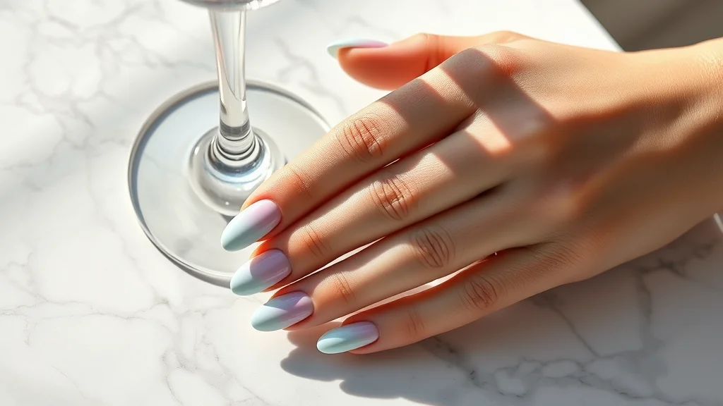 10 Dreamy Pastel Nail Designs You Need to Try This Season 1 A close-up shot of a woman's manicured almond nails featuring a soft pastel gradient, resting elegantly on a luxury marble table while holding a crystal glass.