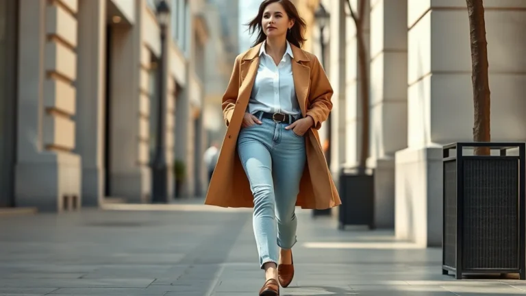 A stylish woman walking on a city sidewalk wearing a tan trench coat, white shirt, and denim jeans, capturing a perfect transitional spring look.