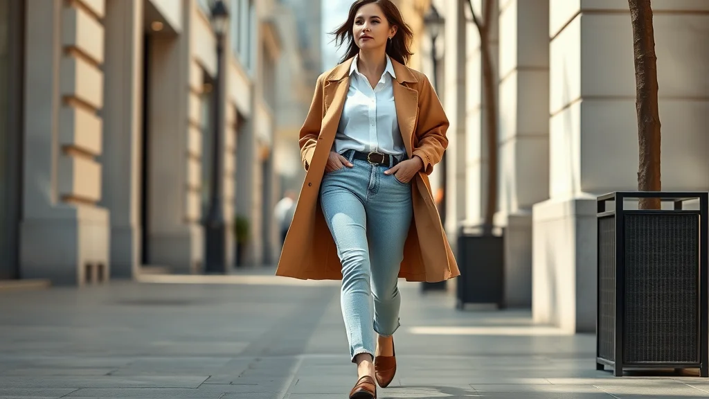 A stylish woman walking on a city sidewalk wearing a tan trench coat, white shirt, and denim jeans, capturing a perfect transitional spring look.