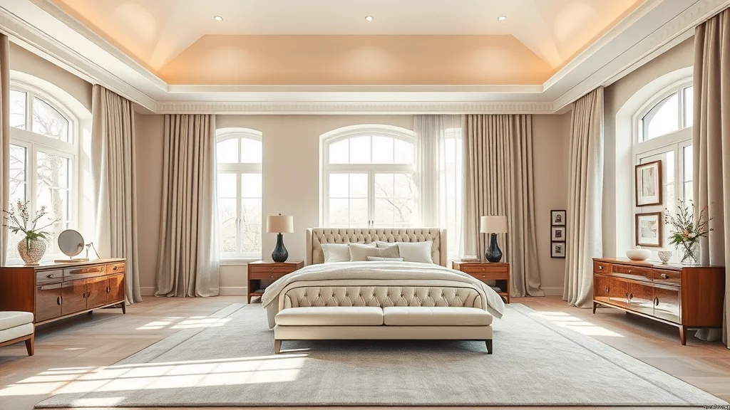 7 Dreamy Newlywed Bedroom Styling Hacks for a Romantic Sanctuary 1 A serene, spacious master bedroom featuring a large plush bed, neutral textiles, and soft natural sunlight streaming through floor-to-ceiling windows.