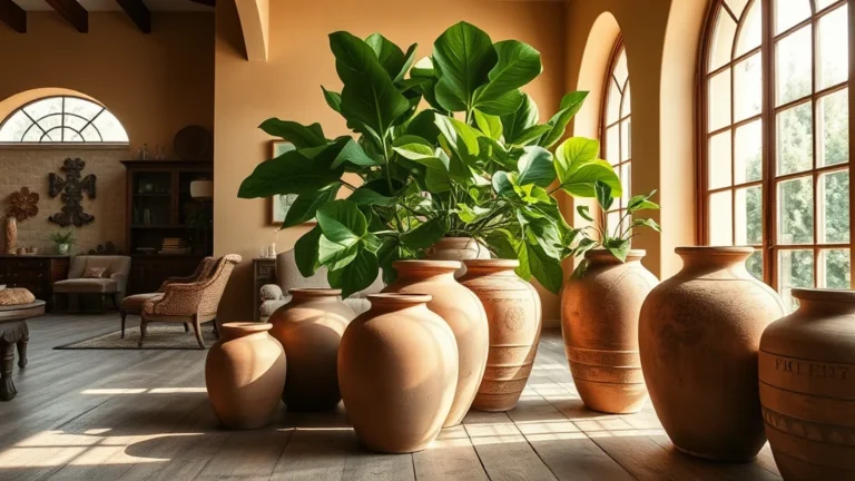 7 Viral Reasons Why Vintage Terracotta Pots Are Taking Over Interior Design 8 A sun-lit living room featuring large, weathered antique terracotta pots filled with indoor plants, styled in a Mediterranean aesthetic with natural wood flooring.