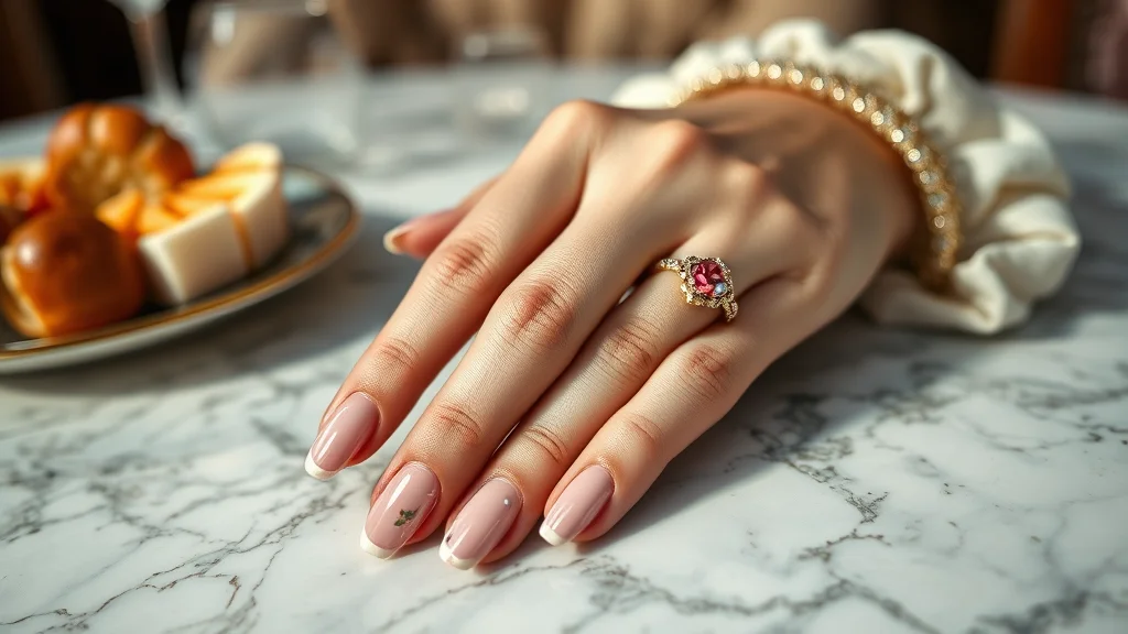 7 Dreamy Cottagecore Nail Designs That Will Define Your Aesthetic This Season 1 A woman's manicured hand resting on a marble surface showing detailed cottagecore floral nail art with a luxurious, soft-focus background.