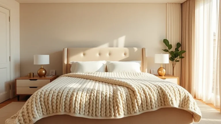 7 Viral Secrets to Styling the Perfect Weighted Blanket Bedroom 7 A serene, high-end bedroom featuring a soft weighted blanket on a neatly made bed, bathed in warm, natural morning light.