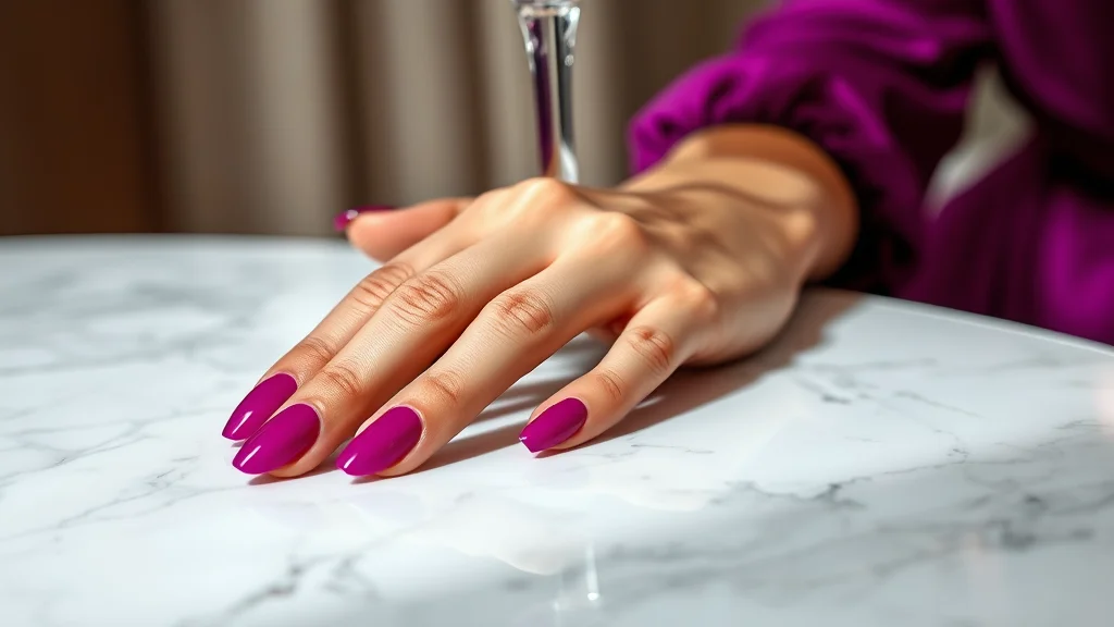 7 Viral Aura Nail Art Ideas That Will Elevate Your Manicure Game 1 Close-up of elegant hands with magenta and purple aura gradient nails resting on a marble surface near a crystal glass.