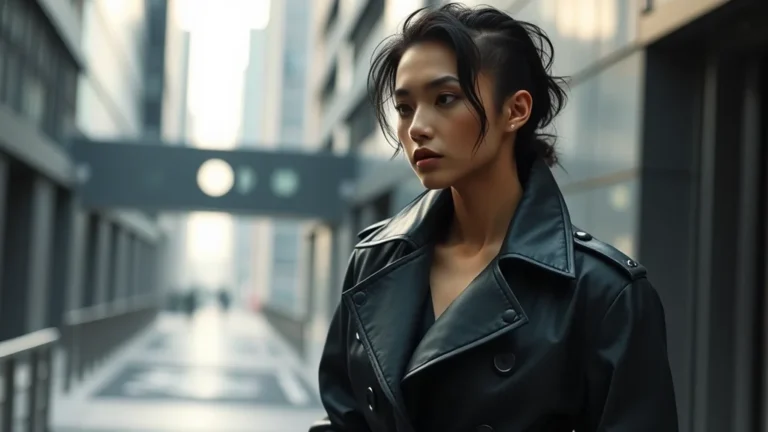 A fashion model in 2027 wearing a sleek, biodegradable mycelium leather trench coat.