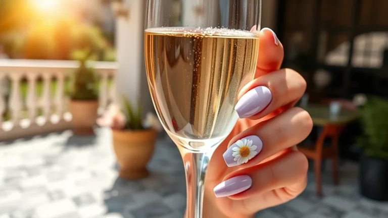 A close-up view of well-manicured almond-shaped nails painted in a soft pastel lilac with delicate white daisy nail art, held by a woman's hand against a luxury marble background.