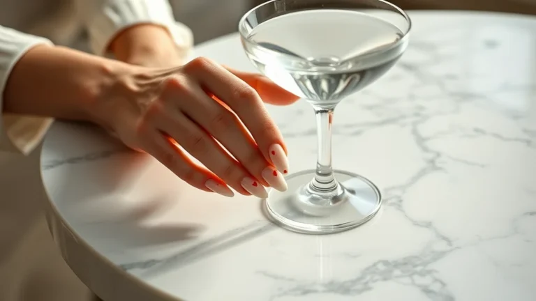 A close-up shot of a manicured hand with almond-shaped nails featuring delicate red hearts, resting elegantly on a white marble surface.