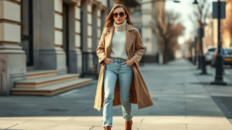 A fashion-forward woman stands on a city sidewalk wearing a beige trench coat layered over a cream turtleneck sweater with jeans and leather boots, capturing a perfect transitional spring look.