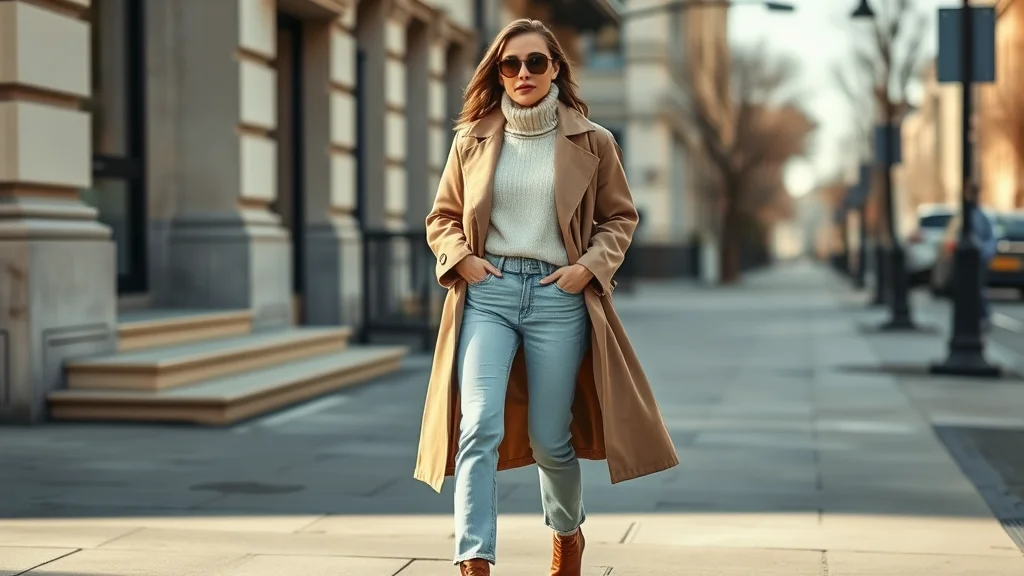 7 Viral Cold Weather Spring Outfits You Need to Copy Right Now 1 A fashion-forward woman stands on a city sidewalk wearing a beige trench coat layered over a cream turtleneck sweater with jeans and leather boots, capturing a perfect transitional spring look.