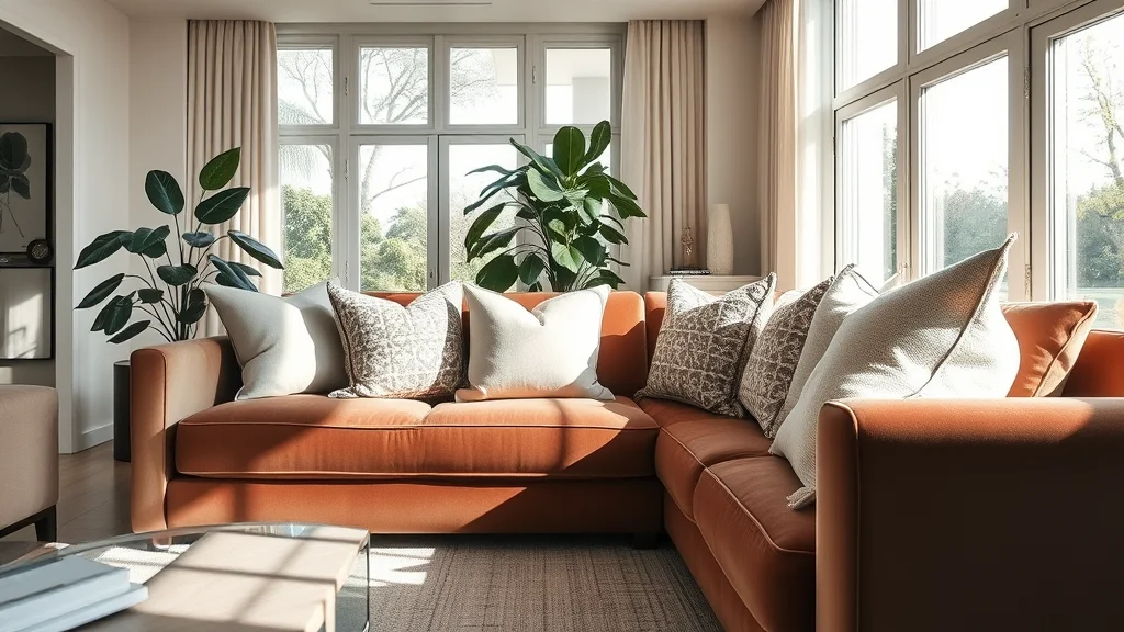 7 Viral Throw Pillow Combinations to Instantly Elevate Your Living Room 1 A sunlit modern living room featuring a designer-styled sofa with an array of neutral-toned throw pillows, surrounded by high-end furniture and soft indoor lighting.