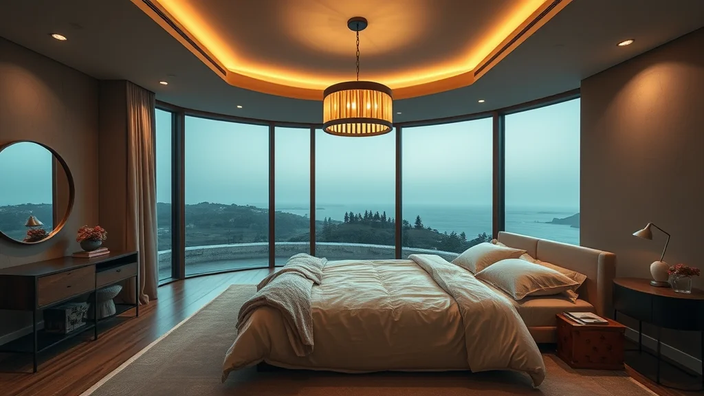 A luxurious bedroom featuring soft warm lighting, neutral linen textures, and a large statement pendant light hanging over a plush bed.