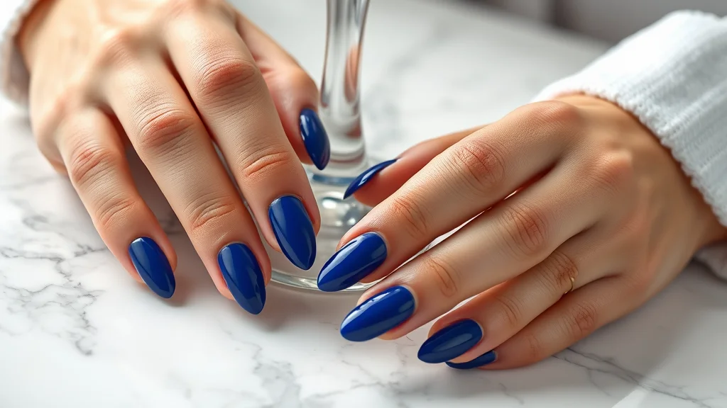 A woman's hands with long, glossy royal blue almond-shaped nails resting on white marble, showcasing a luxurious and clean aesthetic.