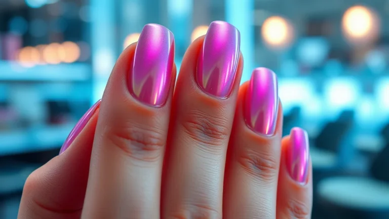Close-up of a bio-adaptive gel manicure shifting colors on a model's hand, representing the future of nail tech.