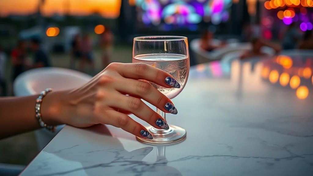 A close-up shot of elegant almond-shaped nails with celestial-themed chrome art held by a woman in a luxury setting, showcasing vibrant shimmering finishes.
