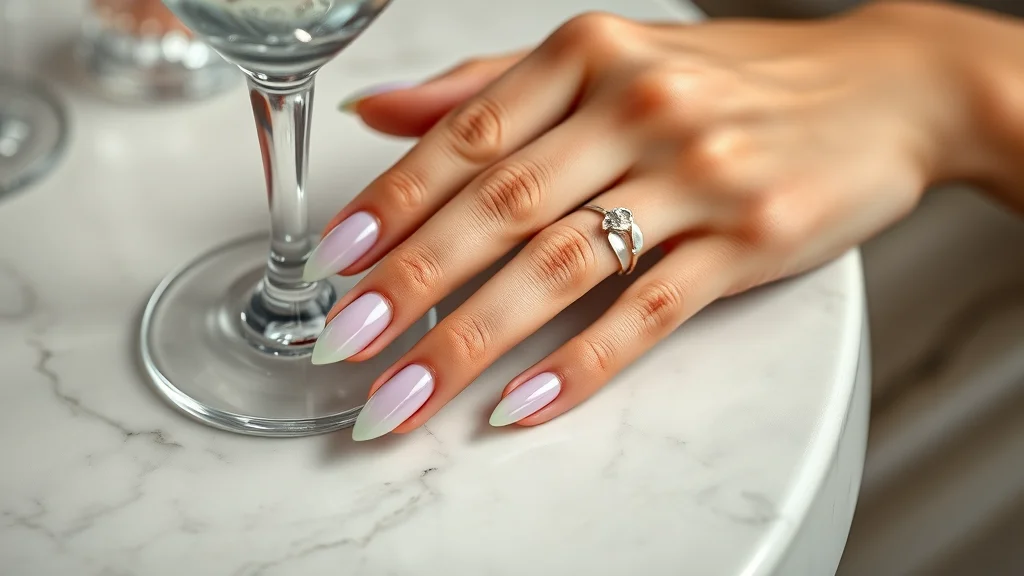 A close-up shot of a woman's hand with long almond-shaped nails featuring a dreamy aura-gradient polish, resting on a marble surface near a cocktail glass.