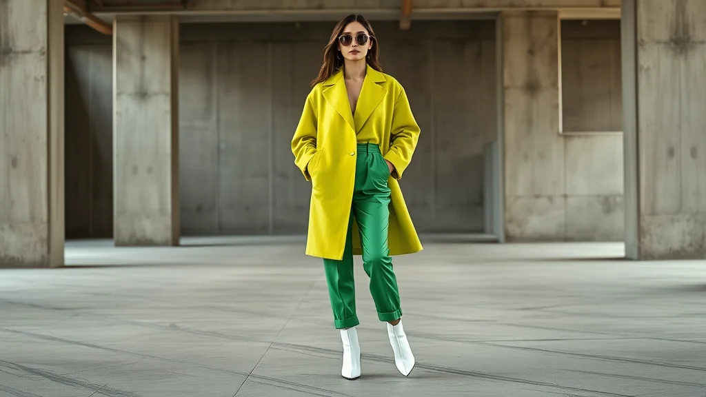 7 Viral Yoshi Costume Outfit Ideas for High-Fashion Street Style 1 A fashion-forward woman poses in a minimalist lime and emerald green outfit, showcasing a sophisticated take on a Yoshi-inspired color palette.