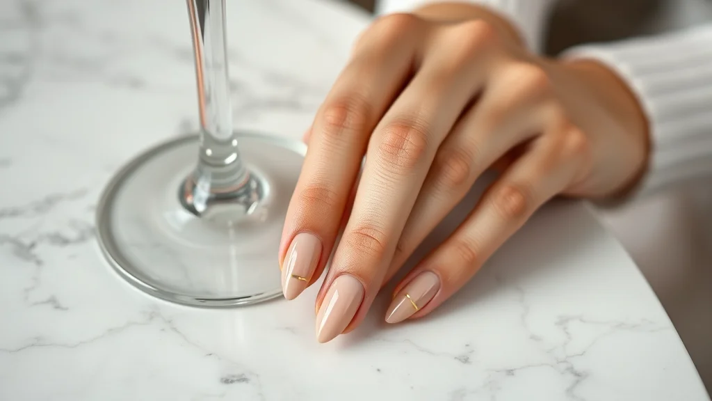 7 Viral Negative Space Nail Art Hacks You Need to Try 1 A close-up shot of a manicured hand with almond-shaped nails featuring elegant gold geometric negative space nail art, resting gracefully on a marble surface.