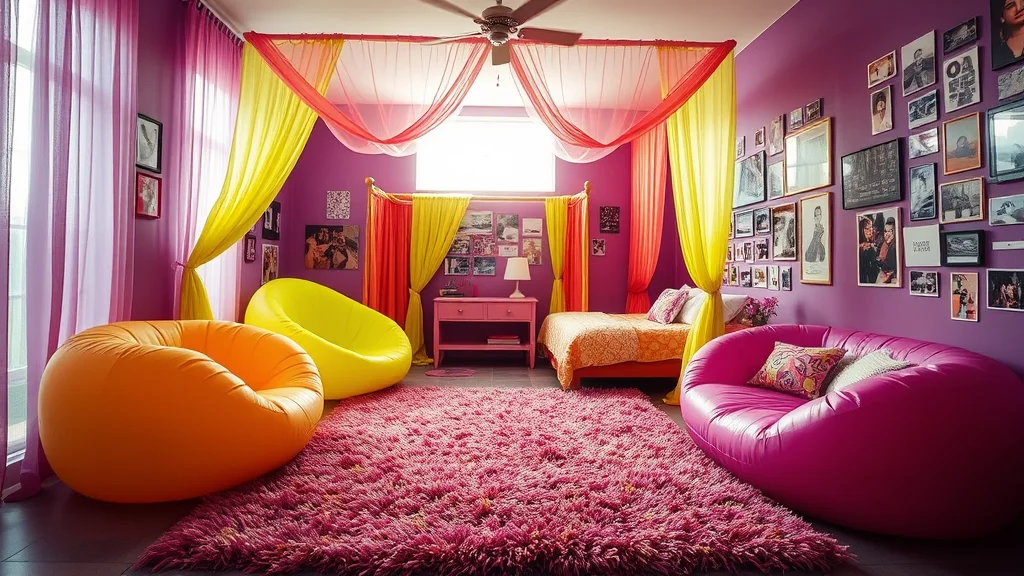 A colorful, nostalgic 2000s-style teen bedroom featuring a canopy bed, bright wall collages, and soft natural lighting in a professionally styled interior setting.
